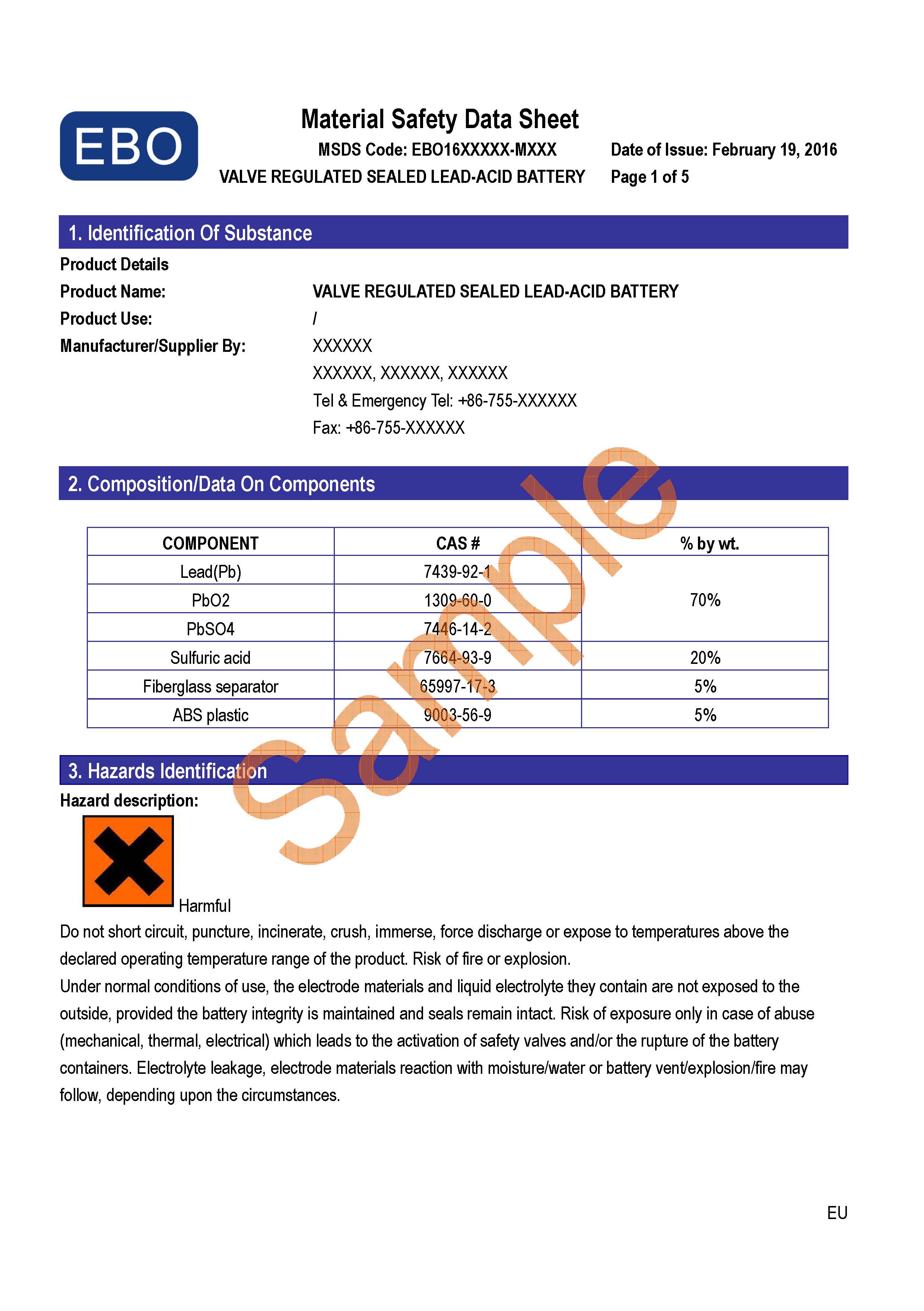 铅酸蓄电池MSDS报告样本